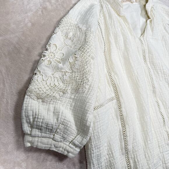 Soft Surroundings Magnolia Gauze Top Blouse Size L Ivory Crocheted Trim Lined - Picture 3 of 9